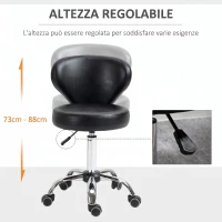 HOMCOM Sgabello Regolabile Girevole a 360°, Sgabello da Estetista con Schienale, in Acciaio, Finta Pelle, Nero(m-4)