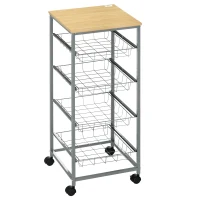 HOMCOM Carrello da Cucina Salvaspazio con 4 Cesti Estraibili in Legno e Acciaio, 36.5x36.5x89 cm, Argento e color Legno(m-11)
