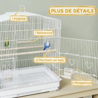 PawHut Cage à Oiseaux Volière avec Mangeoires, Perchoirs, Plateau Excrément Amovible, 46,5 x 36 x 59 cm, Blanc(m-6)
