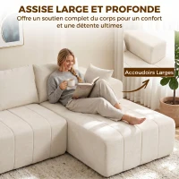 HOMCOM Canapé d'angle 256 cm avec méridienne, canapé-lit 3 places en chenille forme de L, assise et accoudoirs larges, beige(m-5)