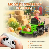 AIYAPLAY Trator Elétrico para Crianças com Reboque Desmontável Bateria 12V Velocidade 3-5 km/h Controle Remoto 2,4G 139x58x55 cm Verde(m-6)