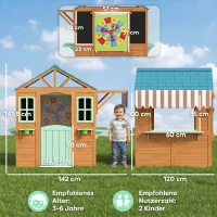 AIYAPLAY Outdoor Kinderspielhaus mit Verkaufstheke Pflanzenkasten Kreidetafel Zieltuch 4 Ball 142 x 120 x 141,5 cm Mehrfarbig(m-3)