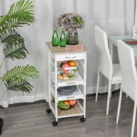 HOMCOM Carrello da Cucina Salvaspazio in MDF, Carrello Portaoggetti con Cassetto, Cestello, 2 Vassoi e 4 Ruote Universale, 37x37x82cm, Bianco(m-10)