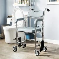HOMCOM Chaise percée adulte à roulettes, chaise percée de douche avec repose-pieds, dossier et accoudoirs, 53x97x97cm, gris(m-11)