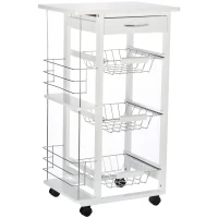 HOMCOM Chariot de service desserte de cuisine à roulettes multi-rangements 3 paniers métal tiroir + 2 range-bouteilles bois pin blanc(m-12)