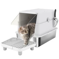 PawHut Katzentoilette, Edelstahl, XL-Innenraum, mit Schaufel, Hellgrau(m-12)
