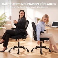 HOMCOM Chaise Bureau Ergonomique, Fauteuil de Bureau Maille, Accoudoirs Relevables, Hauteur Réglable, Fonction Bascule, Noir(m-5)