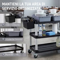 HOMCOM Carrello Pulizie Professionale a 3 Ripiani con 2 Contenitori Rimovibili, Bidone Laterale e 4 Ruote, Nero(m-4)