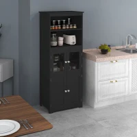 HOMCOM Armário de Cozinha com 2 Portas de Vidro Temperado 2 Prateleiras Abertas e Armário com Prateleira Ajustável 60x30x162 cm Preto(m-10)
