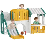 AIYAPLAY 7-in-1 Kinderrutsche, Indoor-Spielplatz, Klettergerüst, Haus, Tafel, Basketballkorb, 1-4 Jahre, Kunststoff, Gelb+Grün(m-12)