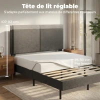 HOMCOM Cadre de Lit 140 x 190 cm avec Sommier et Tête Réglable, Lit Double Rembourré en Lin, Rangement au-dessous, Gris(m-4)
