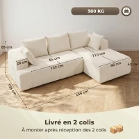 HOMCOM Canapé d'angle 256 cm avec méridienne, canapé-lit 3 places en chenille forme de L, assise et accoudoirs larges, beige(m-3)