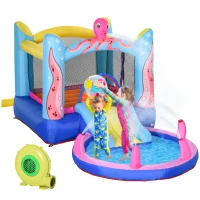 Outsunny Selbstaufblasende Hüpfburg inkl. Gebläse, Flicken, 1 Trampolin, 1 Wasserbecken, 1 Rutsche,  360 x 175 x 180 cm(m-12)