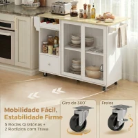 HOMCOM Ilha de Cozinha com Tampo Rebatível, Rodas, Garrafeira e Portas de Correr em Vidro(m-7)
