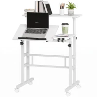 HOMCOM Sitz-Steh-Schreibtisch, höhenverstellbar 70 x 60 cm, mit Rollen und neigbarer Platte, 70x60x70,5-120cm, Weiß(m-5)