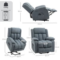 HOMCOM Fotoliu Electric cu Ridicare și Reclinare 135° din Țesătură cu Aspect de In, Suport Picioare, Gri(m-3)