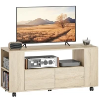 HOMCOM Meuble TV sur roulettes 102 cm, meuble télé pour téléviseur jusqu'à 42 pouces, 2 tiroirs, compartiments ouverts, naturel(m-11)