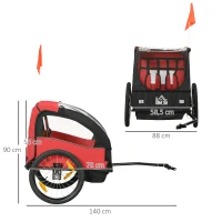 HOMCOM Reboque de Bicicleta para Crianças acima de 18 Meses Reboque de Bicicleta com 2 Lugares com Cinto de Segurança Espaço de Armazenamento e Sistema de Amortecimento 140x88x90 cm Vermelho(m-3)