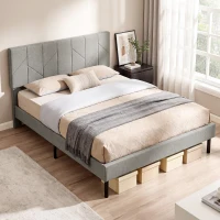 HOMCOM Cadre de Lit 140 x 190 cm avec Sommier et Tête Réglable, Lit Double Rembourré en Lin, Rangement au-dessous, Gris(m-14)