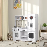AIYAPLAY Cozinha de Madeira para Crianças com Fogão Lavatório Micro-Ondas Relógio Máquina de Gelo e Acessórios 100,5x41x110 cm Brancp(m-10)