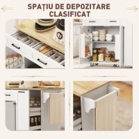 HOMCOM Insulă Bucătărie cu Roți, Dulap Bucătărie cu Stație de Încărcare, Blat Rabatabil din Lemn, Rafturi Ajustabile, 2 Sertare, Dulap Extensibil, Suport Condimente și Prosoape, Alb(m-6)