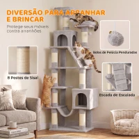 PawHut Arranhador para Gatos 204 cm Multinível com 2 Tocas Rede 2 Camas Postes de Sisal e Escada Cinza Claro(m-6)