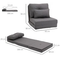 HOMCOM Fotoliu de podea cu pat pliabil, design 2 în 1, pernă detașabilă, 60 x 80 x 56 cm, Gri închis(m-3)