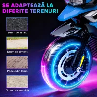 AIYAPLAY Motocicletă Electrică pentru Copii cu Roți Ajutătoare, Oglinzi și Suporturi pentru Picioare, din PP și Metal, 85.5x44.5x56 cm, Albastră(m-6)