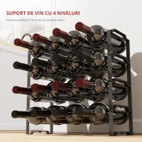 HOMCOM Suport pentru Sticle cu 4 Nivele Ondulate Stivabile pentru 16 Sticle, din Metal, 42,5x16,5x41 cm, Negru(m-5)