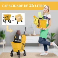 HOMCOM Balde de Esfregona com Rodas Espremedor Desmontável de Pressão para Baixo Capacidade 26 L Inclui Esfregona e Asa 45x31x90 cm  Amarelo(m-4)