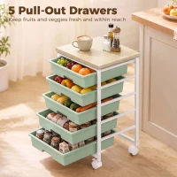 HOMCOM 6-Tier Storage Trolley on Wheels, Metal Kitchen Rolling Cart with 5 Pull-Out Drawers, Green(m-4)