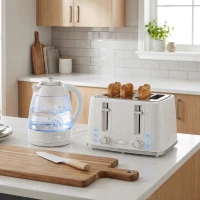 HOMCOM Kettle and Toaster Set, 1.7L 3000W Rapid Kettle with Strix Thermostat, 4 Slice Toaster with 7 Browning Controls, Cream(m-10)