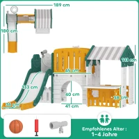 AIYAPLAY 7-in-1 Kinderrutsche, Indoor-Spielplatz, Klettergerüst, Haus, Tafel, Basketballkorb, 1-4 Jahre, Kunststoff, Gelb+Grün(m-3)