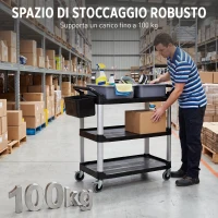 HOMCOM Carrello Pulizie Professionale a 3 Ripiani con 2 Contenitori Rimovibili, Bidone Laterale e 4 Ruote, Nero(m-5)