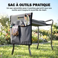 Outsunny Tabouret de Jardin Pliable 2 en 1, Coussin en Mousse EVA et 4 Poches à Outils Amovible, Charge 150kg, 58x28x49cm, Gris(m-6)