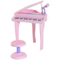 HOMCOM 37 Keys Kids Mini Electronic Keyboard Children Grand Piano with Stool Microphone Light Musical Instrument Educational Game Toy Set (Pink)(m-10)