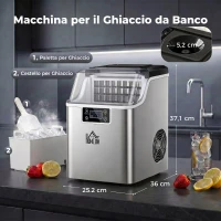 HOMCOM Macchina del Ghiaccio Autopulente da 24 Cubetti ogni 14-18 Minuti con Display LCD, in Acciaio Inox, 25.2x36x37.1 cm(m-3)
