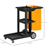HOMCOM Carrello Pulizie a 3 Ripiani con Ganci e Sacco da 100L, 121x50.5x96.5 cm, Nero Giallo e Grigio(m-3)