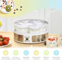 HOMCOM Aparat pentru iaurt 20W de 1.5L cu 7 borcane și afișaj cu butoane, din oțel inoxidabil și plastic, 24x24x13 cm, alb(m-5)