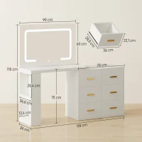 HOMCOM Toeletta da Camera con Specchio e Luci LED Regolabili, 6 Cassetti, 2 Ripiani e Prese Elettriche, Bianco(m-3)