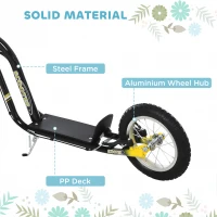 HOMCOM Teen Kids Stunt Scooter w/ Adjustable Handlebar, 12 Inch Rubber Tyres, Dual Brakes, Black(m-6)