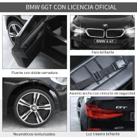 HOMCOM Coche Eléctrico BMW 6GT para Niños +3 Años Automóvil Infantil de Batería 6V con Control Remoto Luces y Sonidos MP3 USB Carga 30 kg 106x64x51 cm Negro(m-4)