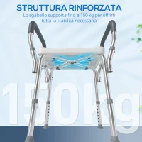 HOMCOM Sgabello per Doccia Regolabile con Braccioli e Fori di Drenaggio, in Alluminio, HDPE e EVA, 52x45x57-69 cm(m-8)