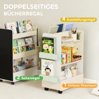 AIYAPLAY Kinder Bücherregal mit 4 Regalen, Bodenfach, 2 Seitenteile, Tafel, Rollen, für 3–8 Jahre, 66,5x32,5x86,5 cm Weiß(m-4)
