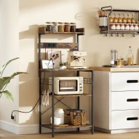 HOMCOM Estante de Cozinha com 2 Tomadas Prateleira para Micro-ondas Prateleira Ajustável Ganchos 60x42x137 cm Castanho Rústico(m-2)