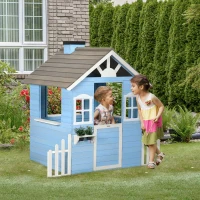 Outsunny Casa de Madeira para Crianças com Porta Janelas Vasos e Cercas Laterais 151x112,5x142 cm Azul(m-11)