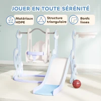 AIYAPLAY Toboggan et balançoire pour enfants 4 en 1 avec panier de basket et échelle, 147,5 x 160 x 107 cm, bleu clair(m-7)