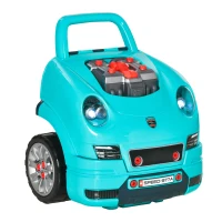 HOMCOM Juego Infantil de Motor con Herramientas 61 Piezas Volante Bocina Faros Caja de Almacenaje y Ruedas 40x39x47 cm Turquesa(m-11)