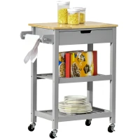 HOMCOM Kitchen Trolley Utility Cart on Wheels with Rubberwood Worktop, Towel Rack, Storage Shelves & Drawer for Dining Room, Grey(m-10)