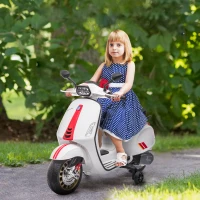 AIYAPLAY Motocicletă electrică pentru copii, licență Vespa, cu roți ajutătoare, far și muzică, din PP și metal, 107x47x73 cm, albă(m-2)